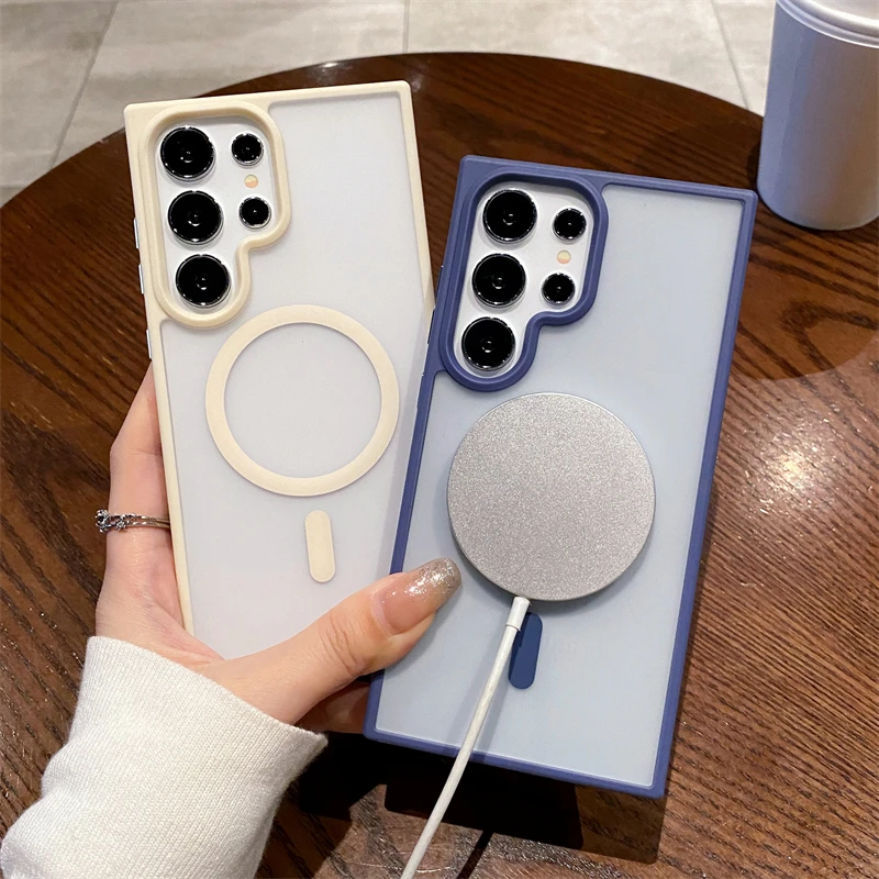 Magsafe Magnetic Wireless Charge Phone Case For Samsung Galaxy S24 S23 S22 S21 Ultra Plus Matte Shockproof Clear Hard Back Cover