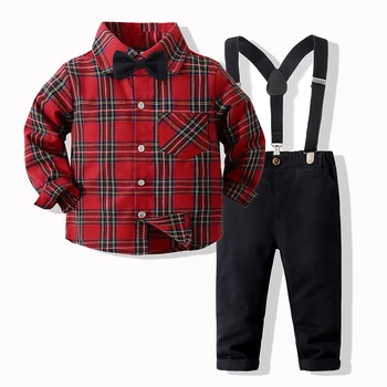 Baby Boys 2Pcs Gentleman Outfits Long Sleeve Plaid Shirt Suspender Pants Set Toddler Clothes 1