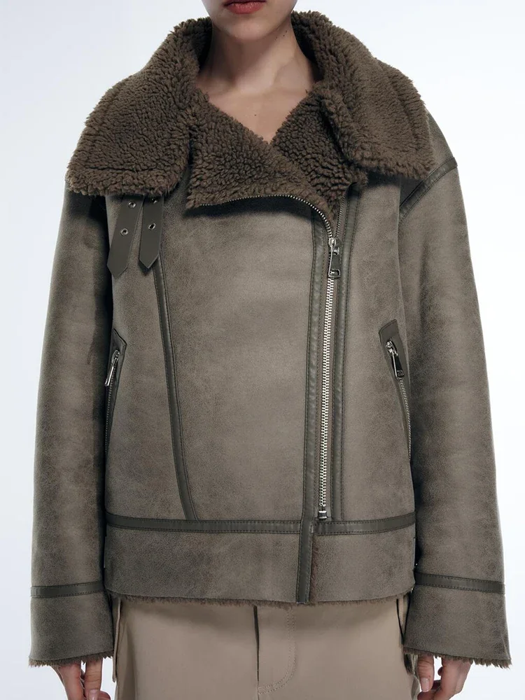

Women Fake Suede Fur Outwear Jacket New Autumn Winter Thick Moto Biker Coat Fashion Lapel Faux Lamb Leather Coat Loose ZA 2024