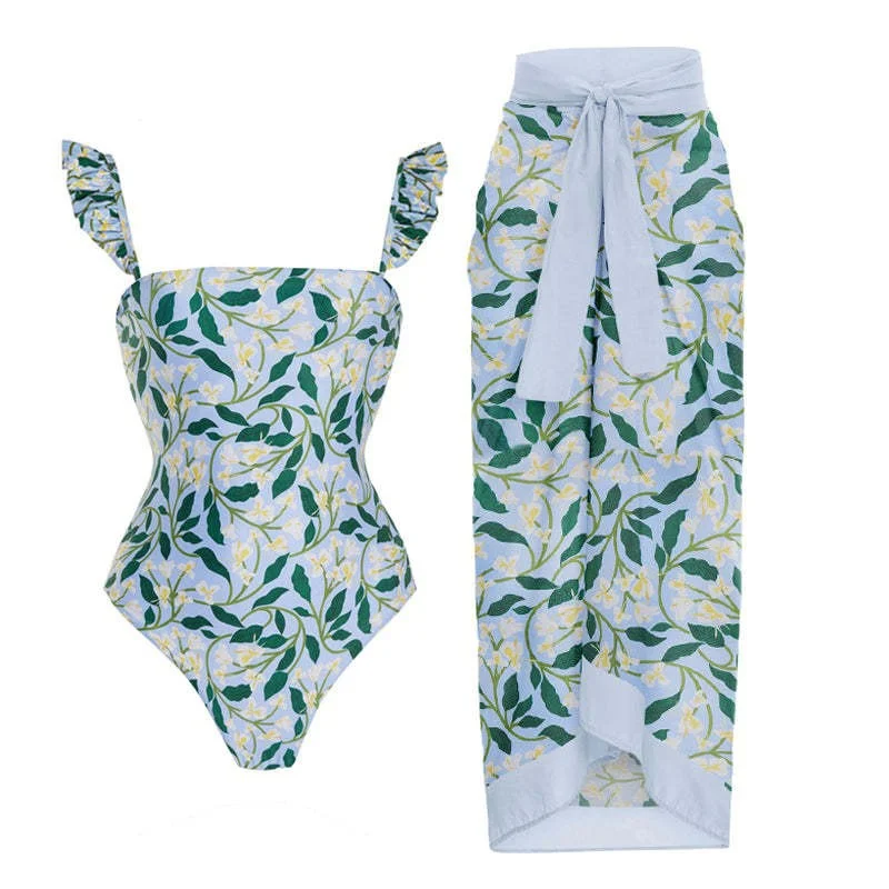 Womens One-Piece Swimwear Printed Chiffon Cover up Beach Sarong Swimsuit Wrap Maxi Skirt Bathing Bikini 2-Piece Set Beachwear