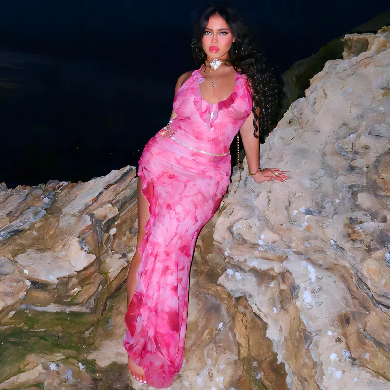 Vestido midi estampado con volantes y cordones para mujer, de malla con retazos, sin espalda, elegante, de fiesta, ajustado, a la moda, con escote en V, falda de tul sexy
