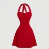 Red Bow Halter Dress Female New Autumn Spice Girl Pleated Fashion Waist Show Thin Short Skirt Trend 5