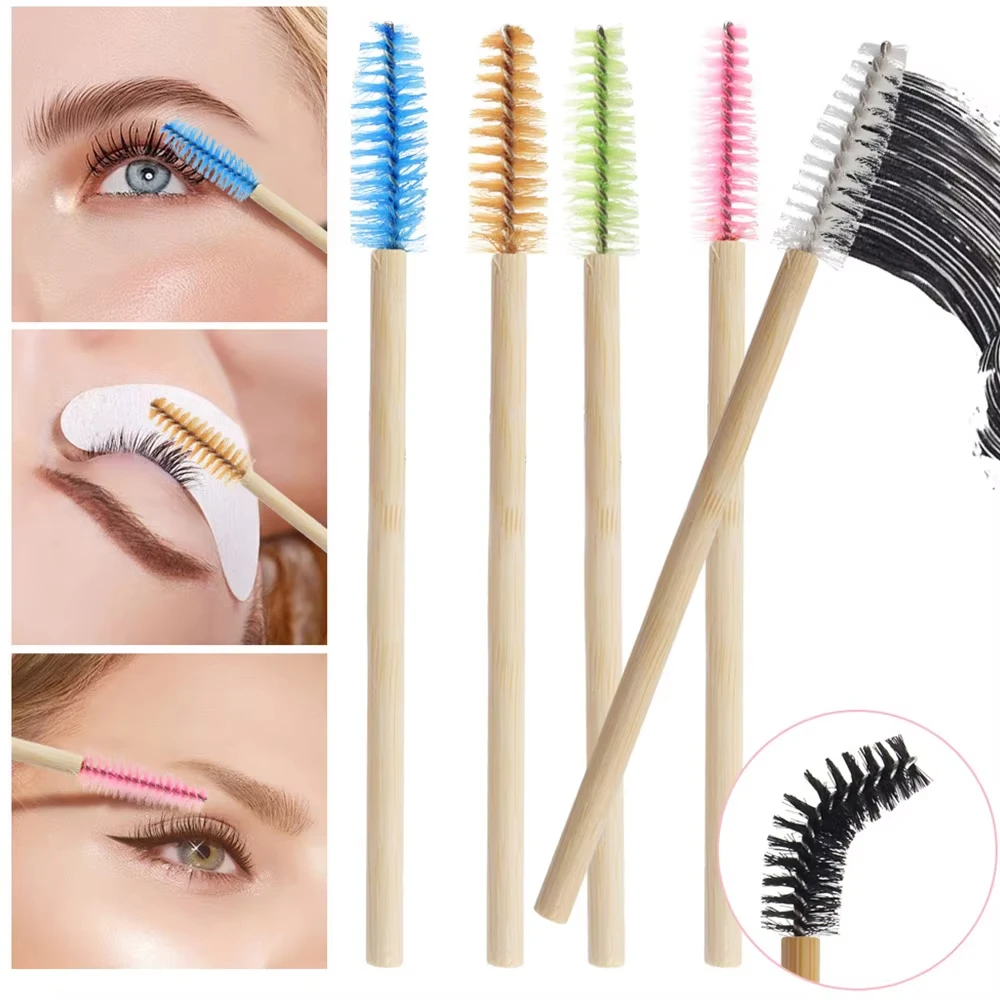 50/100pcs 립 브러쉬 세트 일회용 대나무 손잡이 속눈썹 브러쉬 립스틱 글로스 완드 애플리케이터 메이크업 도구 속눈썹 애플리케이터