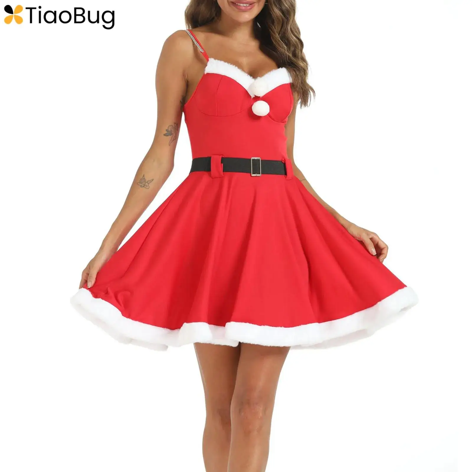Womens Christmas Dress Santa Claus Cosplay Sleeveless Elegant Xmas Party Dress Happy New Years Prom