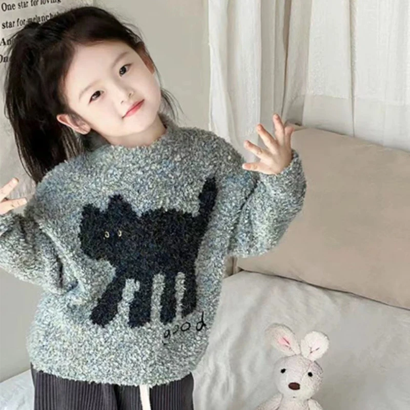 

Girls Looped Plush Cartoon Sweater 2023 Autumn Winter New Baby Kids Lazy And Comfortable Knitted Sweater Fashion Children's Top