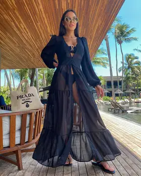 Women Swimsuit Crochet Beach Cover Up dress Sleeve Kaftan Beach Tunic Long Pareos Bikinis Cover ups Summer Robe Plage Beachwear 1