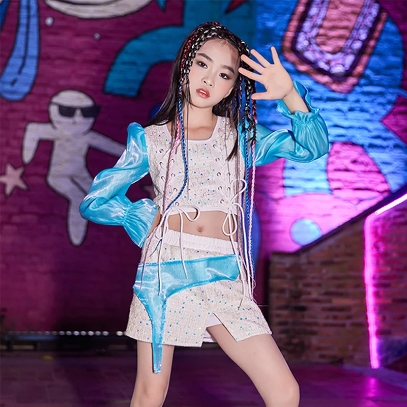 

Girls HipHop Clothes Sequins Jazz Dance Costume Kpop Outfit Kids Cheerleading Uniform Puff Sleeve Tops Skirt Dancewear VDB4878