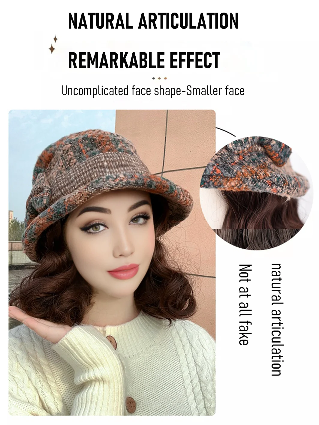 Synthetic 6inch Blue Bow Fisherman's Hat Slouchy Curl Wig Brown Princess Curl Lo Coldproof Warm Horse Roll Christmas Gift