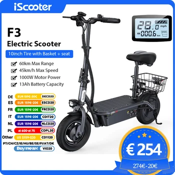 Scooter elettrico ad alta potenza iScooter F3 48V 1000W, velocità 45 km/h, pneumatici da 10 pollici, sedile e cestino per adulti