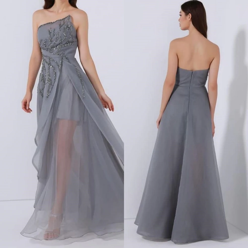 

Simple High Quality Strapless A-line Floor Length es Formal Ocassion Gown Tulle party dress women elegant luxury