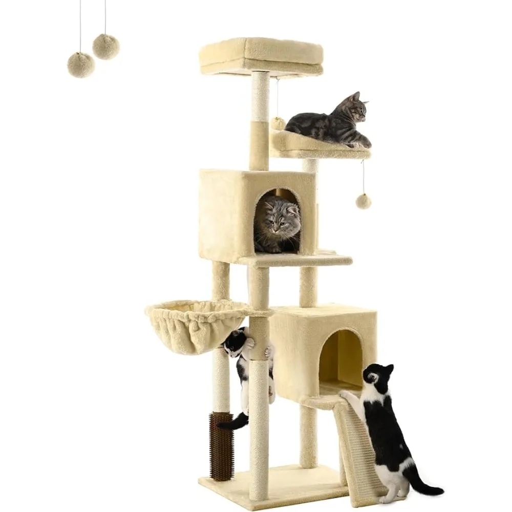 

Cat Tree for Indoor Cats, 61.4in Cat Tower, Cat Condo, Two Cat Perch, Two Cat Caves, Soft Cat Basket, Sisal Scratching Stairs