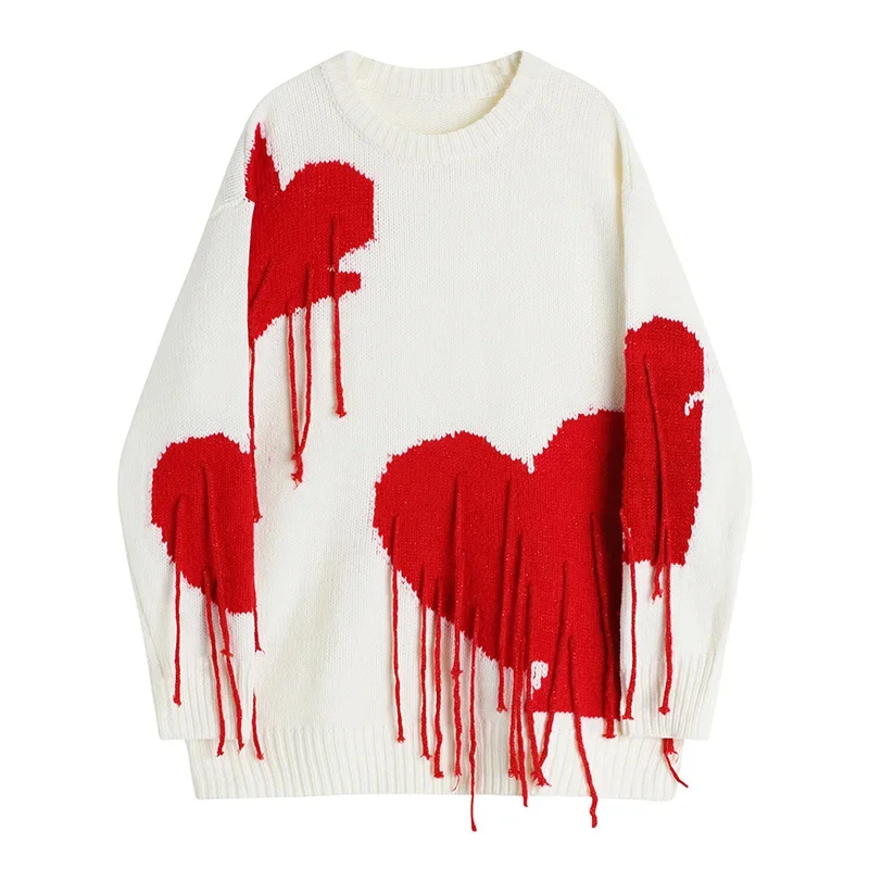 

2022 Women Autumn Sweaters Fashion Knitted Streetwear Heart Tassel Pullover Retro Sweater Harajuku Oversize Knitwear Tops Feamle