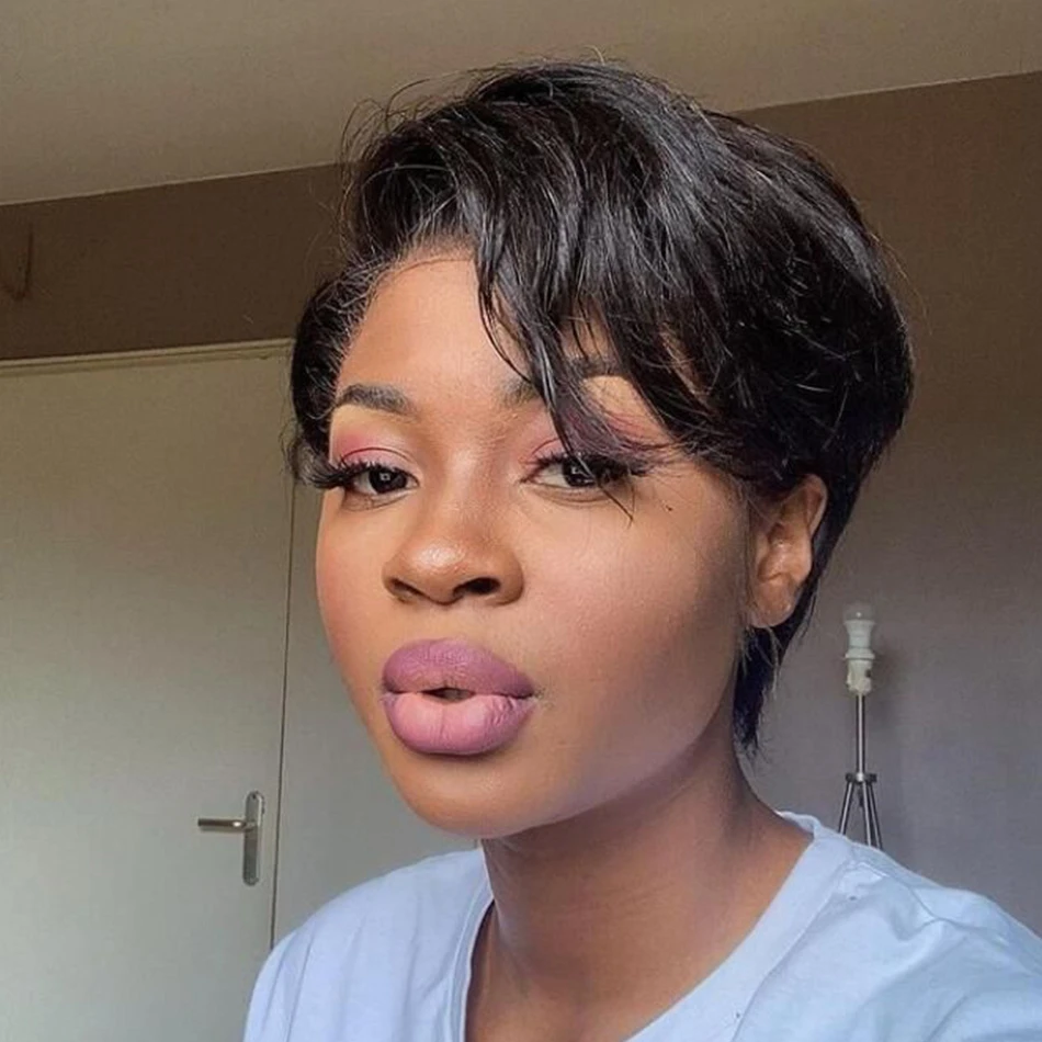 Short Bob Wig Straight Human Hair Wigs Remy T Part Transparent Pixie Cut Lace Wig Preplucked Natural Hairline For Women