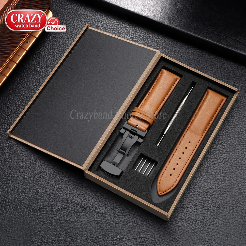 Elegant Brown Leather Watch Strap with Butterfly Buckle - Universal Fit for Business & Casual Wear