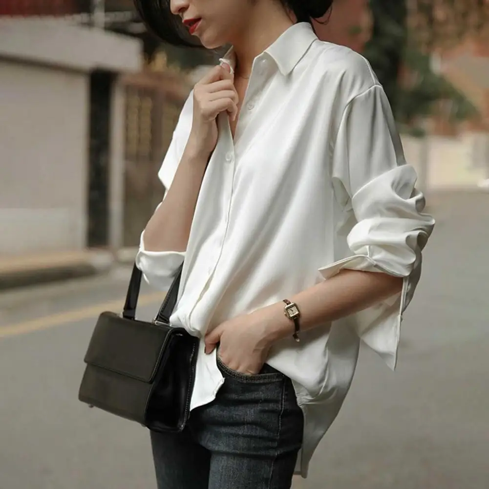 

Women Shirt Elegant Vintage Satin Business Blouse for Women Solid Color Long Sleeve Shirt with Lapel Collar Stylish for Spring