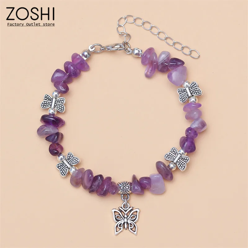 

Girl's Fashion Jewelry Purple Crystal Irregular Stone Beads Bracelet Retro Silver Plated Butterfly Charm Bracelet for Women