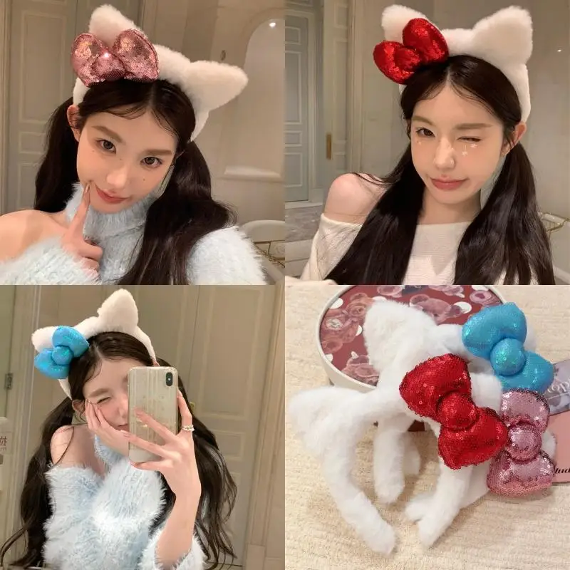 Super süßes Nischen-Haarband, lässiges Katzenohr-Plüsch-Stirnband, das zum Waschen des Gesichts verwendet wird. Pailletten-Schleifen-Stirnband, Damen-Foto-Haar-Accessoire – Detail 1