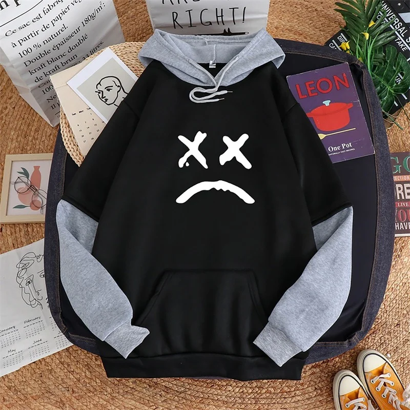 Women Loose Casual Sport Style Big Pocket Hoodies Fake Two Piece Student Pullovers Overcoats Simple Fashion Hooded Sweatshirts