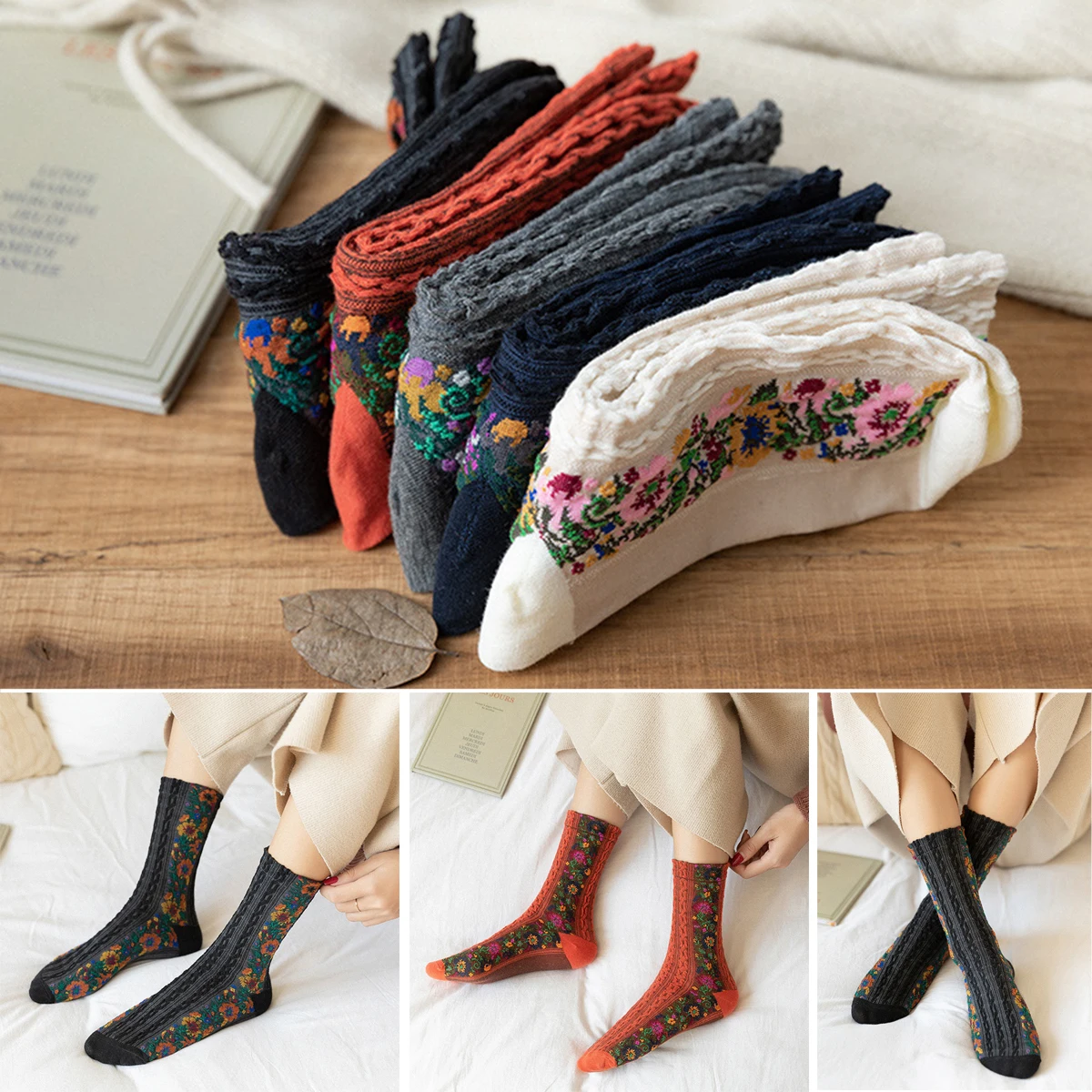 

Palace Ethnic Style Floral Mid-calf Socks Striped Mid-calf Cotton Soft Sports Socks Five Finger Tip Mid-calf Casual Sports Socks