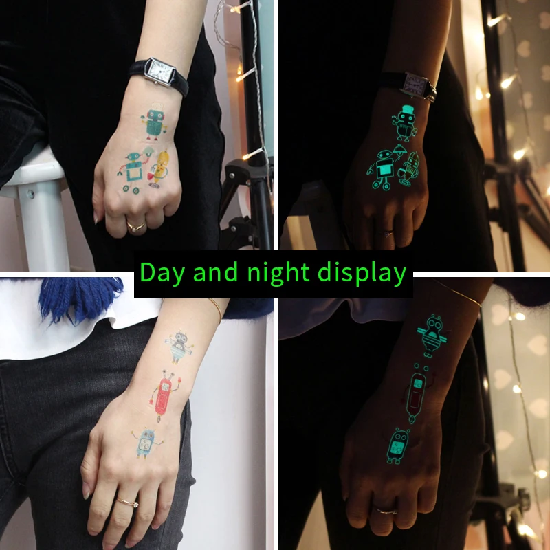 VeeCharm-Cartoon Robot Temporary Tattoo Stickers for Kids, Glow in The Dark, Party Supplies, Gifts, Fake Tattoos, 1/12 Sheet