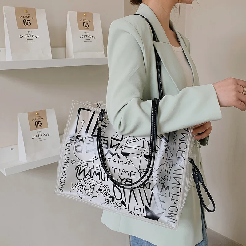 Large Capacity PVC Clear Transparent Tote Bag for Women Fashion Graffiti  Composite Handbag Letter Printed Shopping Shoulder Bags