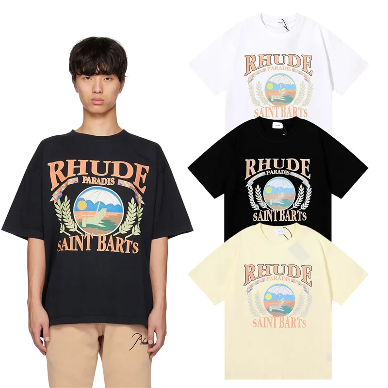 

RHUDE Short Sleeve Sunset Beach Print High Quality Cotton Casual Loose T-Shirt Top