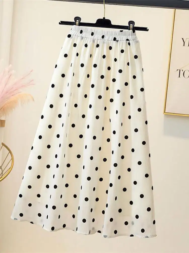 

2023 Summer New Women Chic Skirt Stylish Dot Print High Waist Casual A-line Mid Length Beach Holiday Chiffon Skirt French Sweet