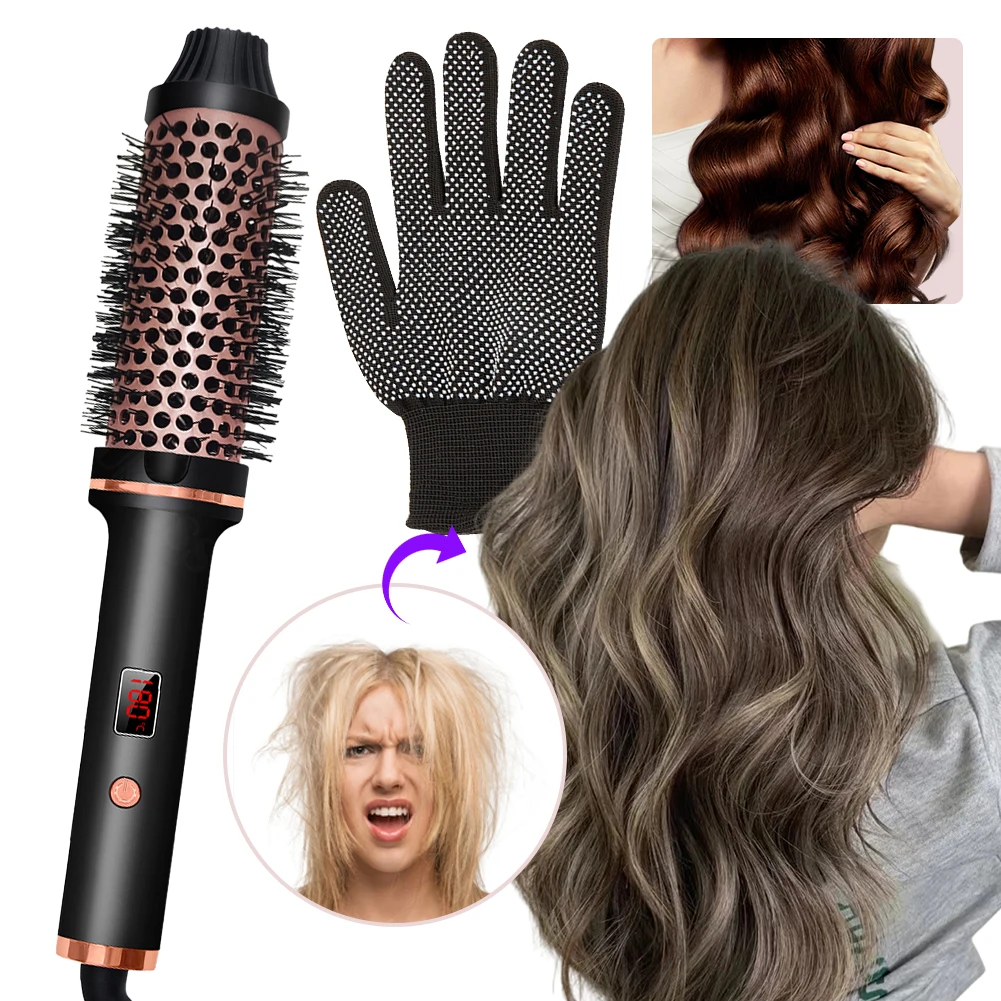Curling Iron Brush with Anti-Heat Gloves Portable Hair Straightener Brush 60-min Auto Off LCD Display for Smooth Anti Frizz Hair