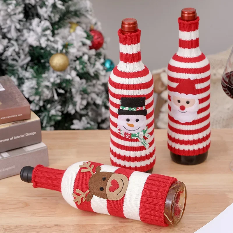 Wine Bottle Cover Christmas Decor Handmade Knit Cute Santa Claus Wine Cup Dress Bags Reusable Xmas Home New Year Decoration Gift