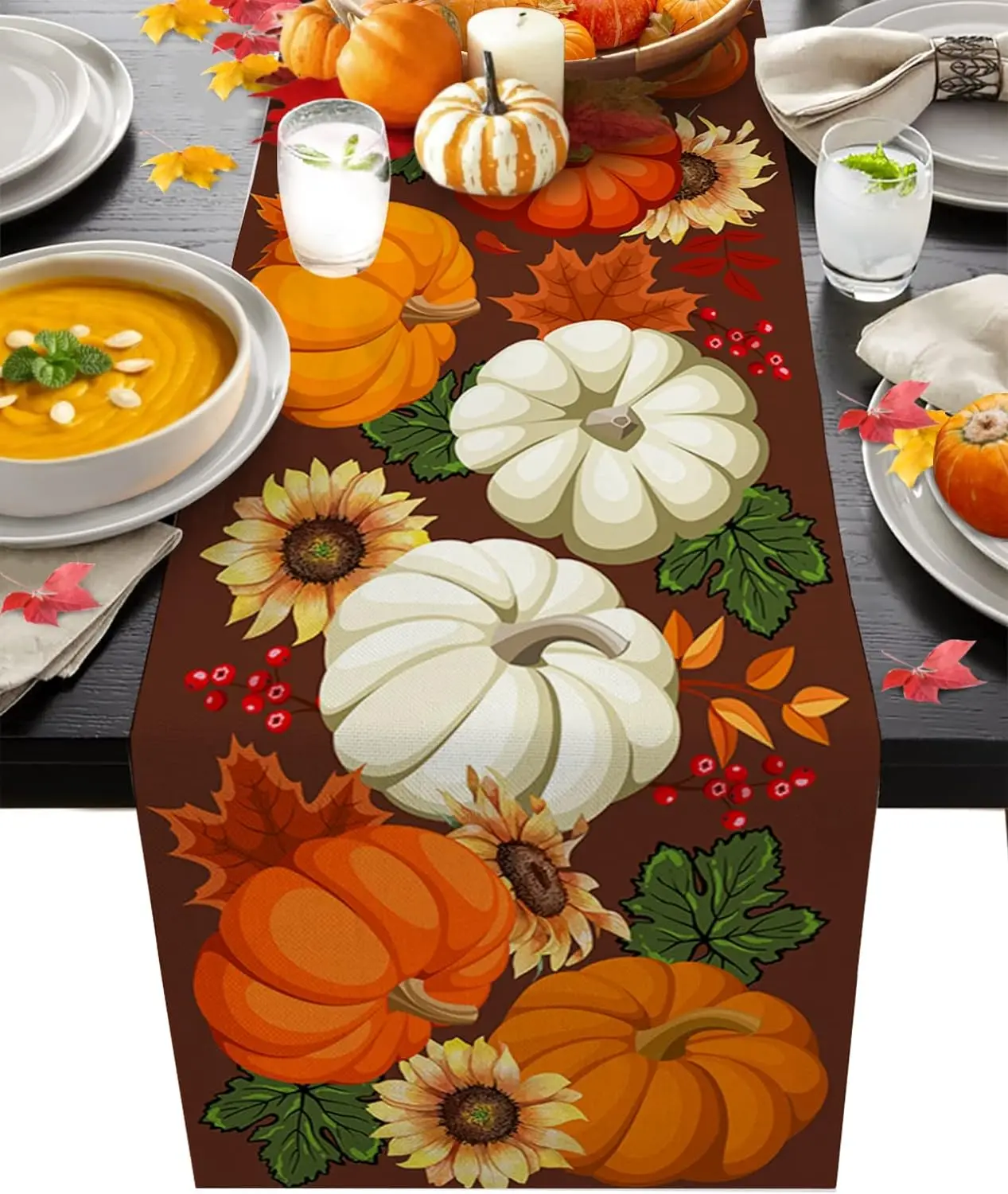 

Thanksgiving Pumpkin Autumn Maple Leaves Brown Linen Table Runners Fall Dresser Scarves Wedding Party Kitchen Dining Table Decor