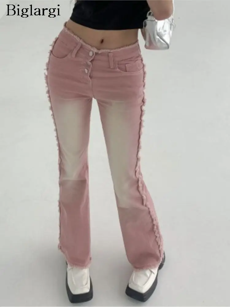

Autumn Winter Long Pink Jeans Flared Pant Women Fringe Fashion Patchwork Bodycon Ladies Trousers Casual Woman Pants 2023