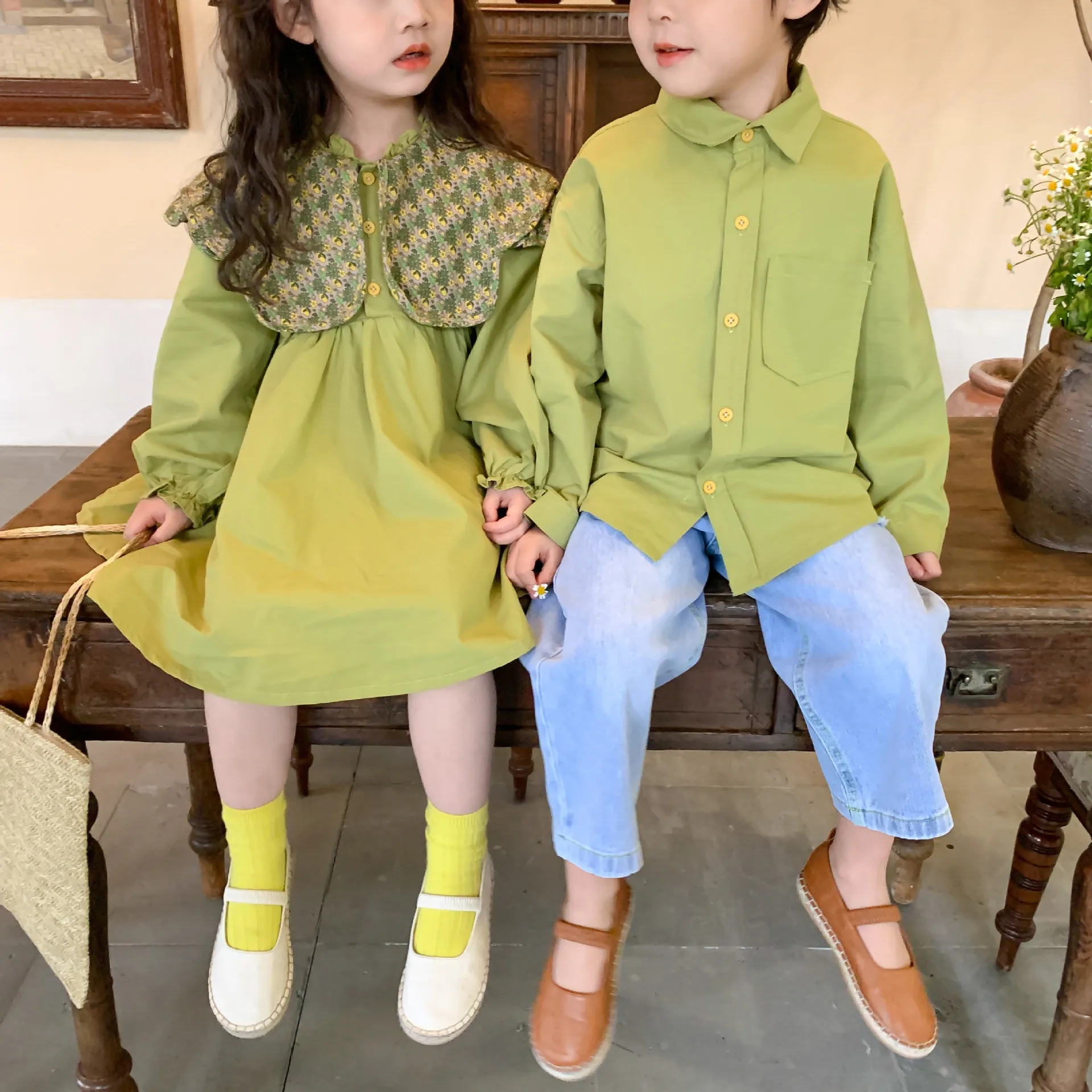 

Spring Girls Clothes Green Big Floral Turn-down Collar Dresses Cotton Long Sleeve Kids Princess Dress Green Color Kids Dress