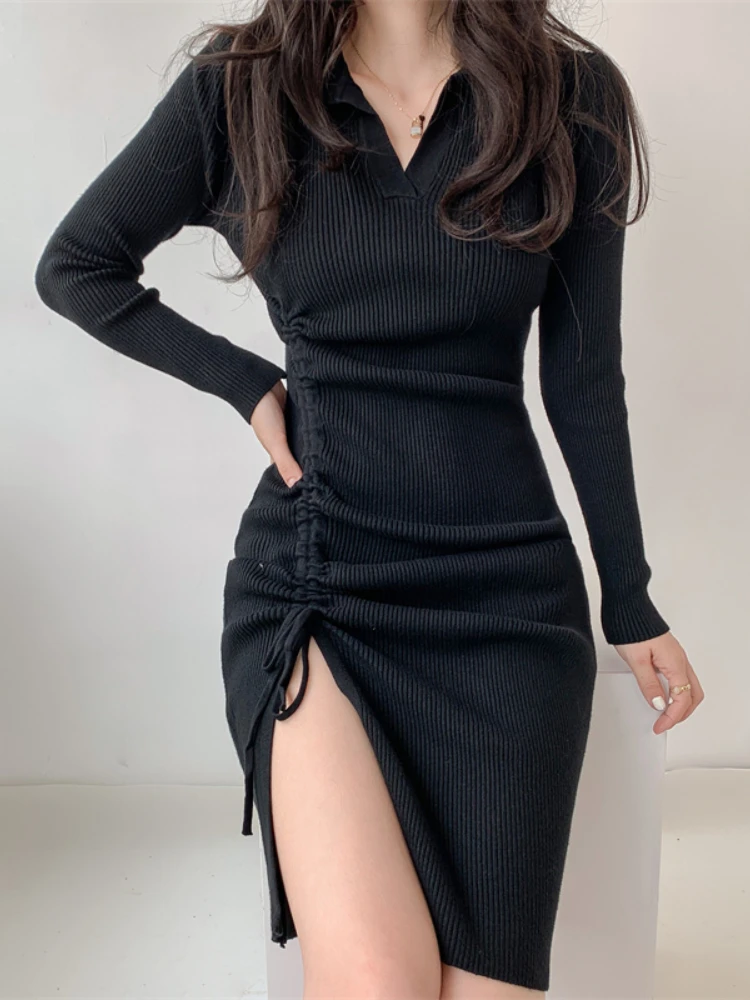 

POLO Collar Side Split Slim Package Hip Sexy Thin Short Skirt Sweater Dress Knit Dress Female 2022 Autumn and Winter New Vestido