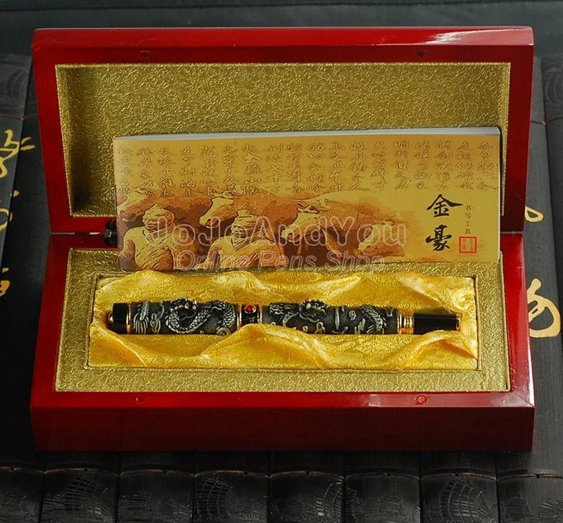 Jinhao Gray And Black Double Dragon Playing Pearl Carving Embossing Roller Ball Pen Gift Set Professional Stationery Writing