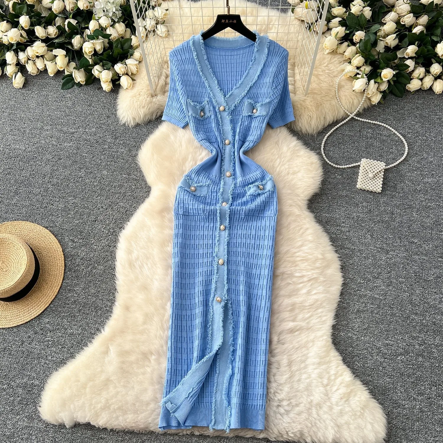 Wmstar Women Dresses 2025 Wholesale Elegant  V-neck Metal Single Breasted Knitted Dress Flattering  Hip Hugging Maxi Dress