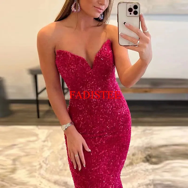 Women's Sequins Prom Dresses Formal Sexy Long Prom Party Dress Mermaid Shiny V-Neck Homecoming Dress Robe De Soir&eacute;e