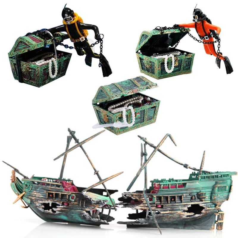 Fish Tank Decor Decorazioni Paesaggistiche Per Acquari Frogman Oxygen Chest Rotten Boat Ornaments Accessori Per Acquari