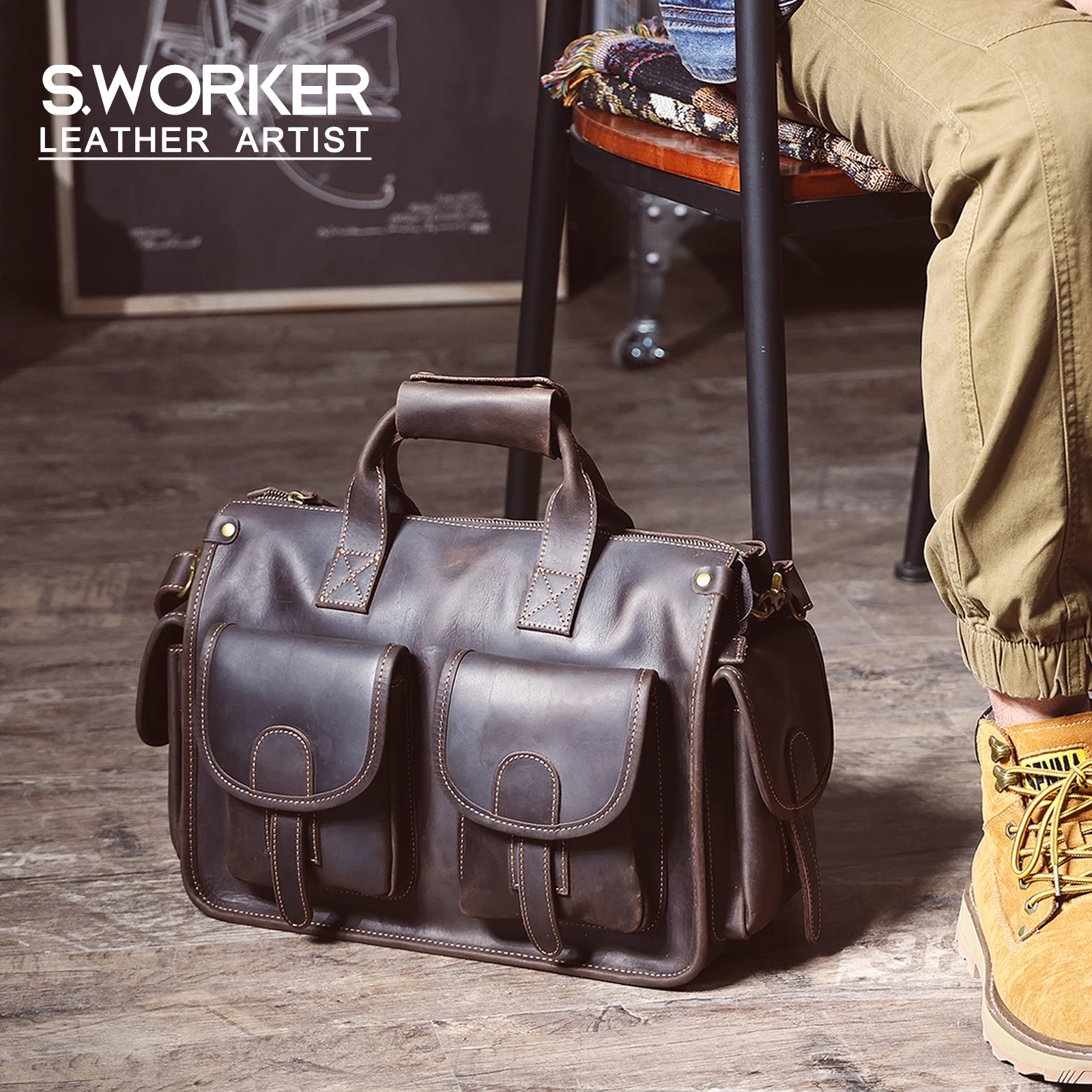 Laptop Bag Leather Briefcase S.WORKER Vintage Genuine Leather Men's Briefcase 14" Laptop Bag Messenger Handbag Cowhide Gift For Men