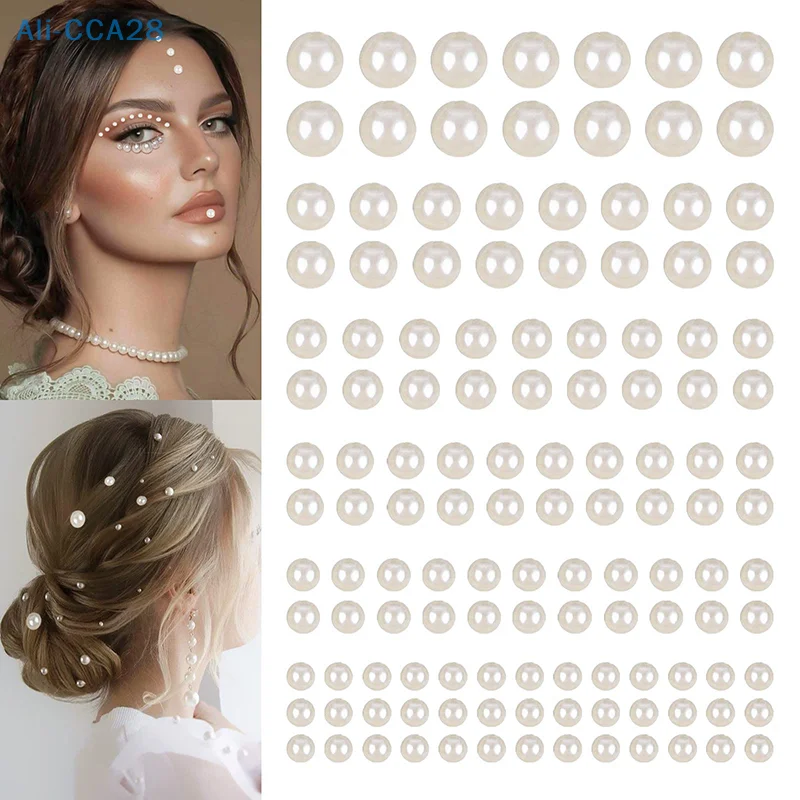 

220pcs Mix 3mm/4mm/5mm/6mm Pearls Stick On Self Adhesive Pearls Stickers Face Pearls Stickers for Hair Face Makeup DIY Crafts