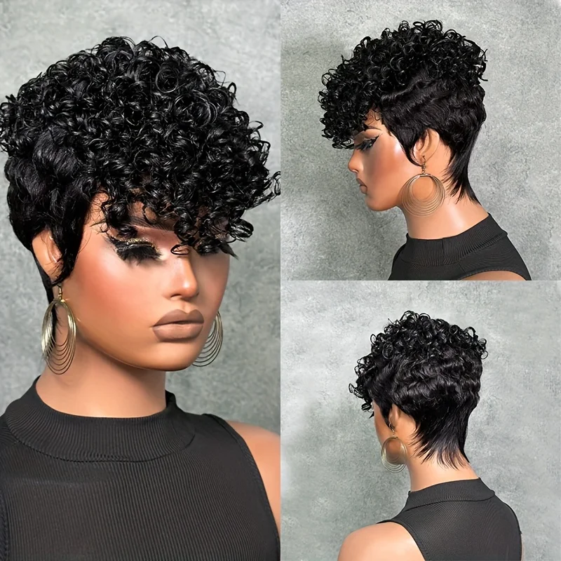 곱슬 웨이브 짧은 픽시컷 가발 여성용 인모 풀머신 메이드 가발 부드럽고 통기성 좋은 로즈 네트 캡