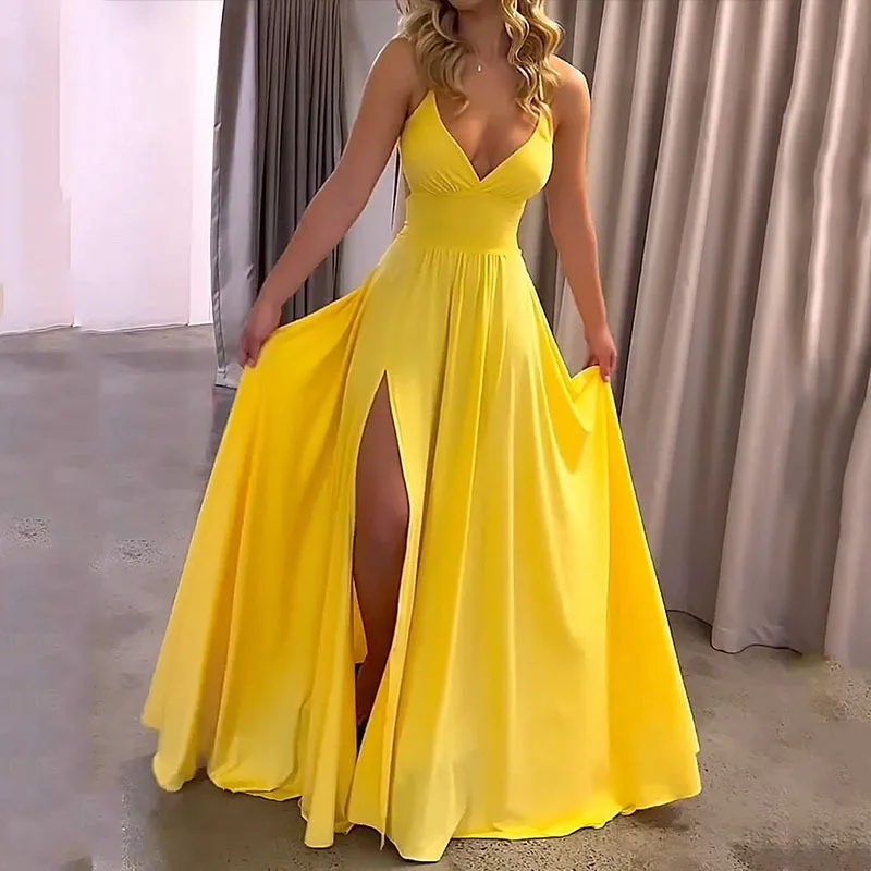 Elegant Women’s Sexy Spaghetti Strap V Neck Evening Dress with Side Split – CyberStreetOne 01