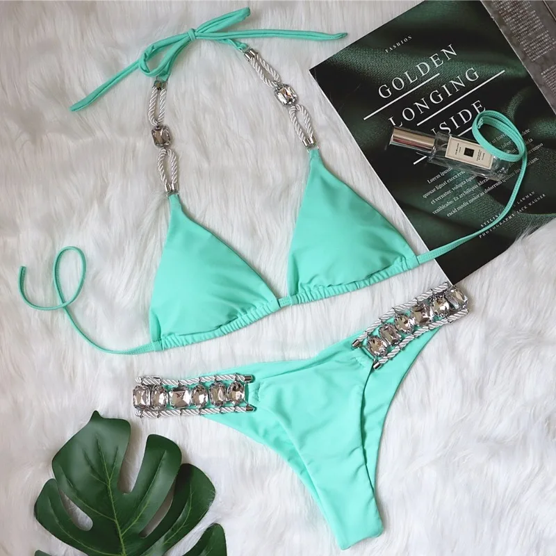 Sexy Women 2 Piece Sexy Shiny Crystal Rhinestones Bikini Set Party Swimsuit