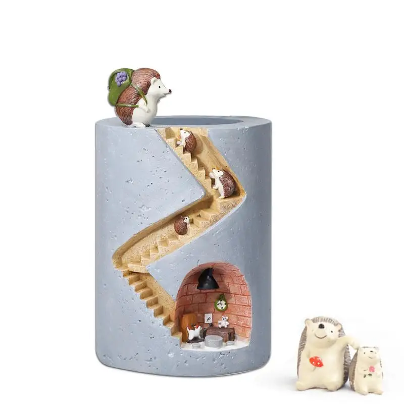 

Kawaii Hedgehog Pen Holder With Miniature House Desktop Makeups Pencil Pens Storage Box Creative School Stationery
