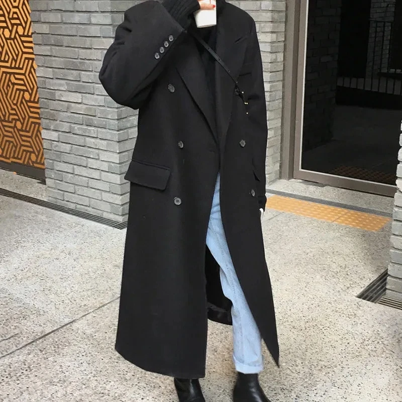 

2023Autumn Winter New Black Woolen Coats Women Korean Loose Double-Breasted Student Wool Windbreaker Jacket Female Long Clothing