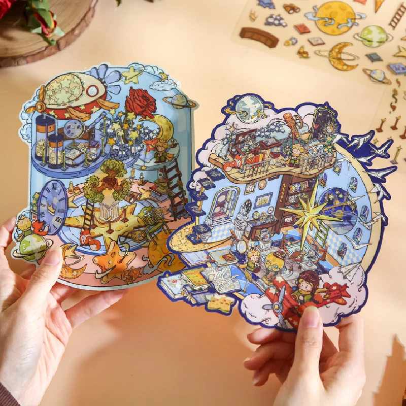3pcs Scene Miniature Stickers Storage Stickers DIY Cabin Scene Stacking and Pasting Scrapbooking Material Scrapbook Kit