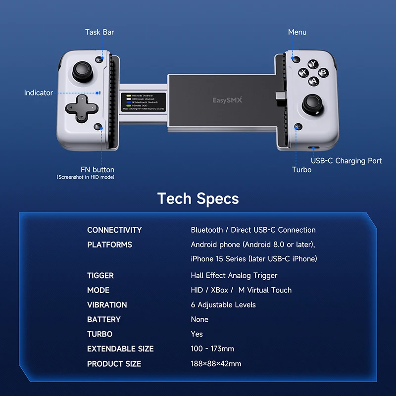 EasySMX M05 블루투스 C 타입 휴대폰 컨트롤러, 클라우드 게이밍 Xbox 게임 패스, 콜 오브 듀티, 케이스 지지대, 홀 이펙트