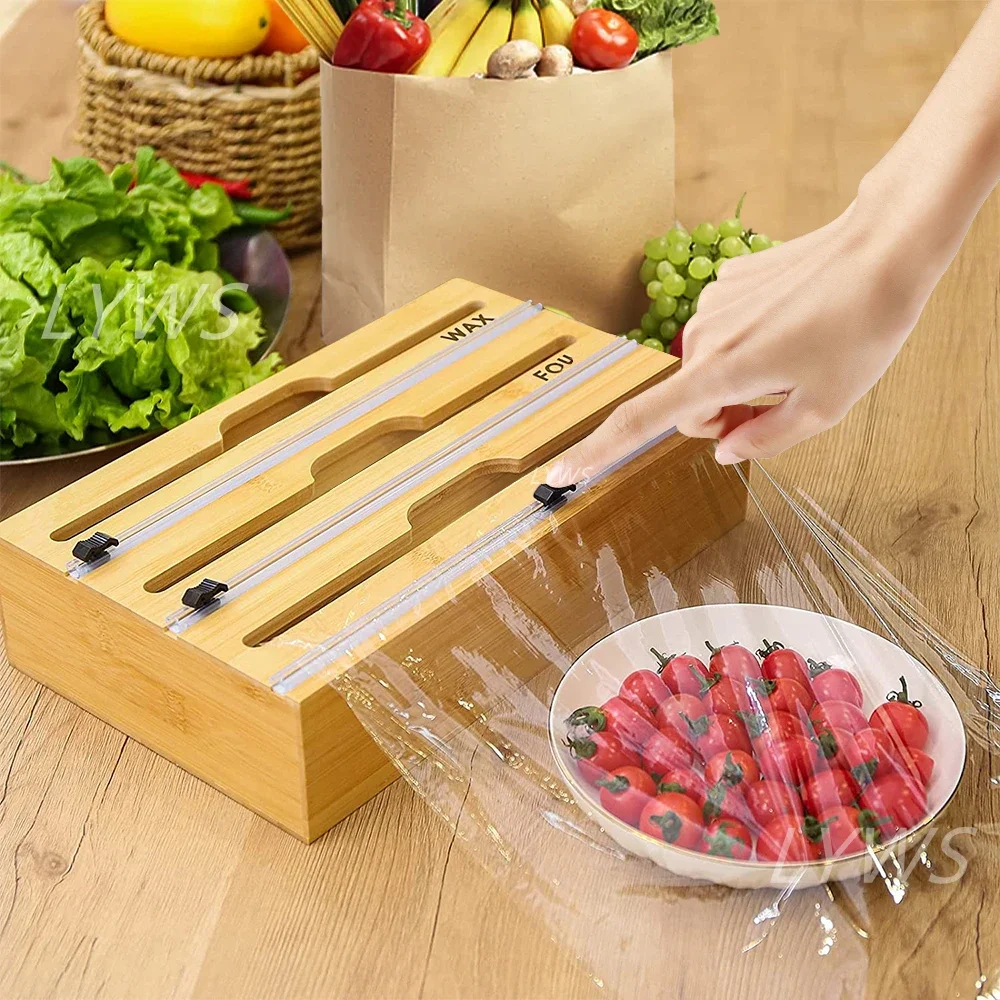 KitchenStorageBoxClingWrapDispenserFoodDispenserClingFilmDispenserwithCutterBamboo