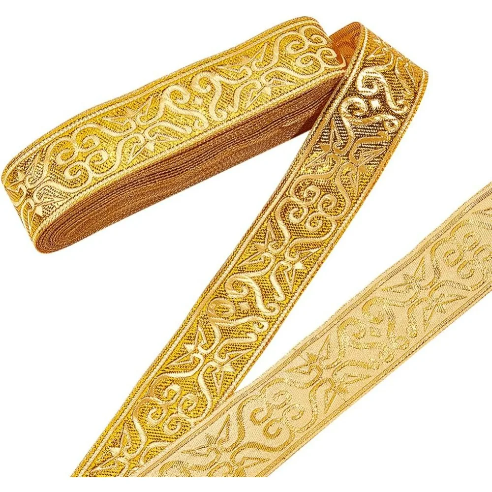 Webbing Ribbon Polyester Webbing Ribbon Embroidery Ribbon 7.7Yards Gold Jacquard Ribbon Trim 1-1/4 Inch Wide Boho Woven Trim Ethnic Floral Ribbon Embroidery Polyester Flat for DIY