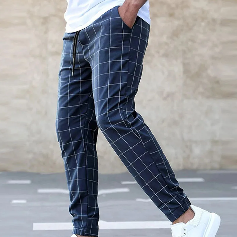 2023 Autumn Minimalist Fashion Trend Plaid Hoodie Versatile Casual Drawstring Contrast Loose Fitting Men's Temperament Pants