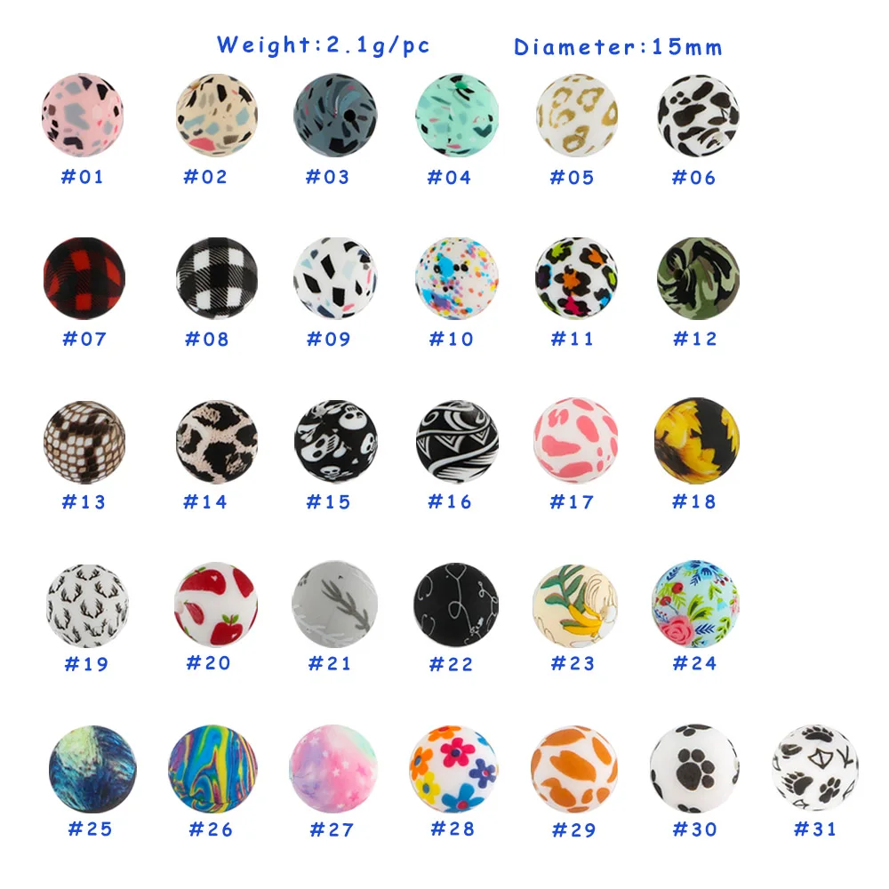 50~500pcs Wholesale 15mm Printed Silicone Bead Round Bead For Jewelry Making DIY Bracelet Necklace KeyChain Accessories